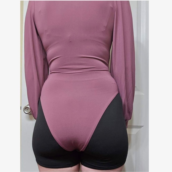 Dusty Mauve Elegant V neck Bodysuit Long Bishop Sleeves Stretchy Ruched Waist - Picture 10 of 10